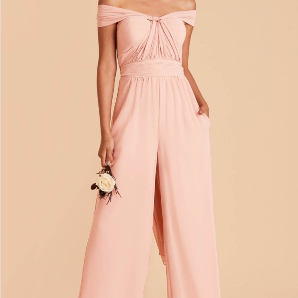 Birdy Grey Blush Pink Off-Shoulder Wide Leg Jumpsuit